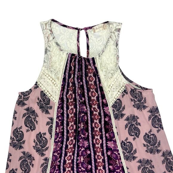 Altar’d State Swing Patchwork Lace Mini Dress S Purple Ivory Paisley Boho Beachy - Picture 2 of 13